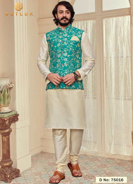 Off White And Sea Green Colour Outluk Vol 75 Latest Designer Festive Wear Kurta Pajama With Jacket Collection 75016